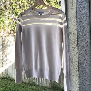 Carmen Marc Valvo Beige Cream Crew Pullover Sweater w Sheer Stripes, Women’s XS